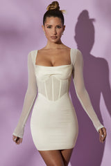 Long Sleeve Mesh Corset Mini Dress in White