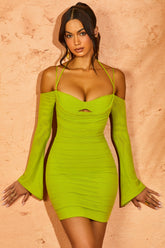 Fluted Sleeve Mini Dress in Green
