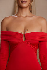 Long Sleeve Bardot Neckline Midi Dress in Red