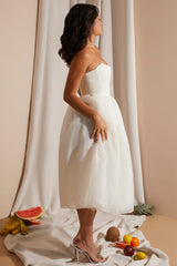 Strapless Corset Tulle Midi Dress in White