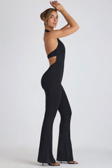 Modal Lace-Trim Cut-Out Flared Jumpsuit in Black