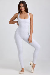 Ribbed Modal Lace-Trim Jumpsuit in Grey