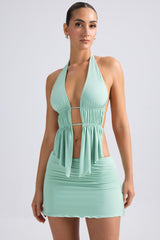 Cut-Out Ruched Halterneck Crop Top in Pastel Green