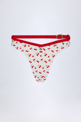 Contrast Belted Thong Bikini Bottoms in Cherry Print