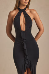Ruffle-Trim Halterneck Gown in Black