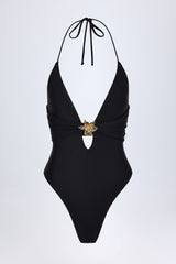 Cut-Out Hardware-Detail Swimsuit in Black
