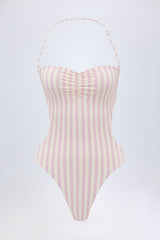 Cut-Out Halterneck Swimsuit in Mauve Double Stripe