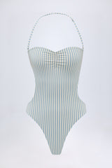 Cut-Out Halterneck Swimsuit in Teal Double Stripe