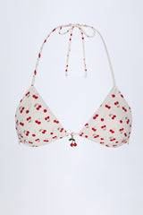 Charm-Detail Triangle Bikini Top in Cherry Print
