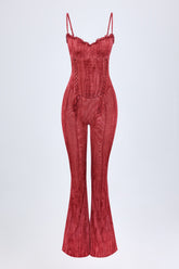 Lace-Up Ruffled Flared Jumpsuit in Red Print