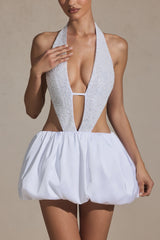 Embellished Cut-Out Bubble Hem Mini Dress in White