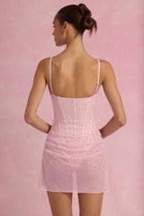 Semi-Sheer Embellished Draped Corset Mini Dress in Pink