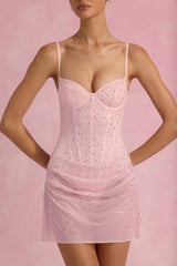 Semi-Sheer Embellished Draped Corset Mini Dress in Pink
