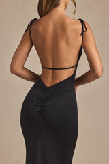 Ruched Backless Maxi Dress in Black