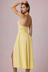 Broderie Anglaise Halterneck Midaxi Dress in Lemon Yellow