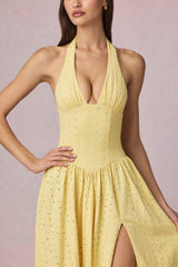 Broderie Anglaise Halterneck Midaxi Dress in Lemon Yellow
