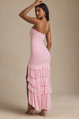 Bandeau Ruched Ruffle-Trim Maxi Dress in Blush