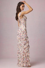 Asymmetric Ruffled Lace-Up Gown in Primrose Floral Print