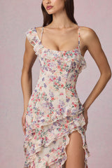 Asymmetric Ruffled Lace-Up Gown in Primrose Floral Print