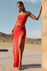 Textured Jersey Asymmetric Maxi Dress in Chilli Red