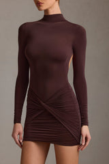 Ruched Backless Turtleneck Mini Dress in Chocolate Brown