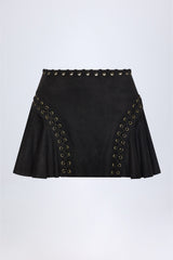 Lace-Up Mid-Rise Mini Skirt in Black