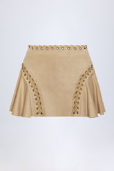 Lace-Up Mid-Rise Mini Skirt in Tan