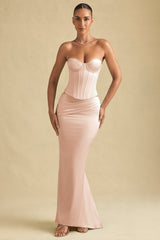 Draped Low-Rise Maxi Skirt in Beige Gold