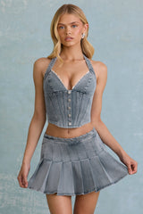 Low-Rise Pleated Mini Skirt in Light Blue