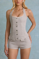 Button-Down Halterneck Playsuit in Ecru