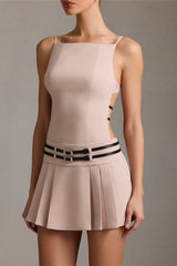 Belted Backless Pleated Mini Dress in Mushroom