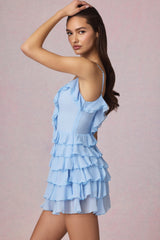 Ruffled Lace-Up A-Line Mini Dress in Powder Blue