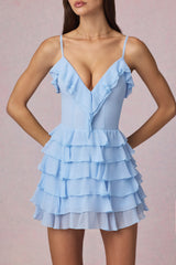 Ruffled Lace-Up A-Line Mini Dress in Powder Blue