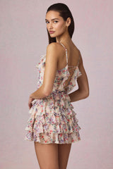 Ruffled Lace-Up A-Line Mini Dress in Primrose Floral Print