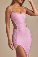 Embellished Cut-Out Fishtail Maxi Dress in Peony Pink