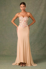 Embellished Corset Fishtail Gown in Floral Beige