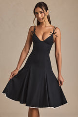 Bow-Detail Lace-Trim A-Line Midi Dress in Black