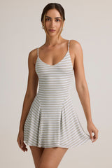 Modal Ribbed Tie-Back A-Line Mini Dress in Blue & Yellow Stripe