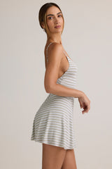 Modal Ribbed Tie-Back A-Line Mini Dress in Blue & Yellow Stripe