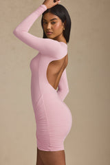 Twist-Front Ruched Backless Mini Dress in Soft Pink