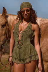 Ruffled Plunge Halterneck Playsuit in Green Print