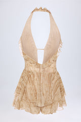 Ruffled Plunge Halterneck Playsuit in Tan Print