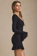 Long-Sleeve Ruffled Lace Mini Dress in Black