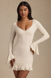 Long-Sleeve Ruffled Lace Mini Dress in Ivory