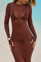 Sheer Open-Back Maxi Dress in Chocolate Brown