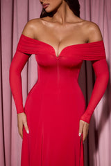 Off-Shoulder Lace-Up A-Line Midaxi Dress in Red