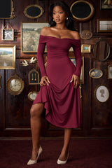 Modal Off-Shoulder Ruched Midaxi Dress in Wine Red
