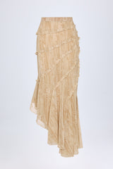 Ruffled Asymmetric Mid-Rise Maxi Skirt in Tan Print