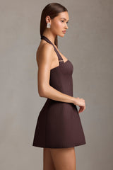 Pinstripe Halterneck Structured A-Line Mini Dress in Chocolate Brown