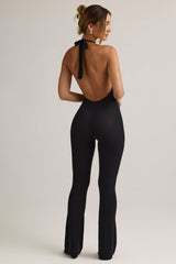 Modal Ribbed Backless Halterneck Jumpsuit in Black